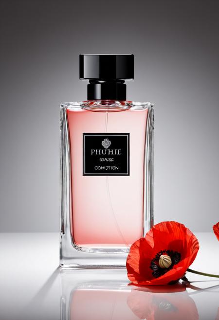 TheAramintaExperiment_Cv5_(sparse composition_1.9), professional product photography, beautiful lighting, a clear glass perfume bottle with a red label centered on a black background, surrounded by vibrant red poppies with bla_20240609182446_0001.png